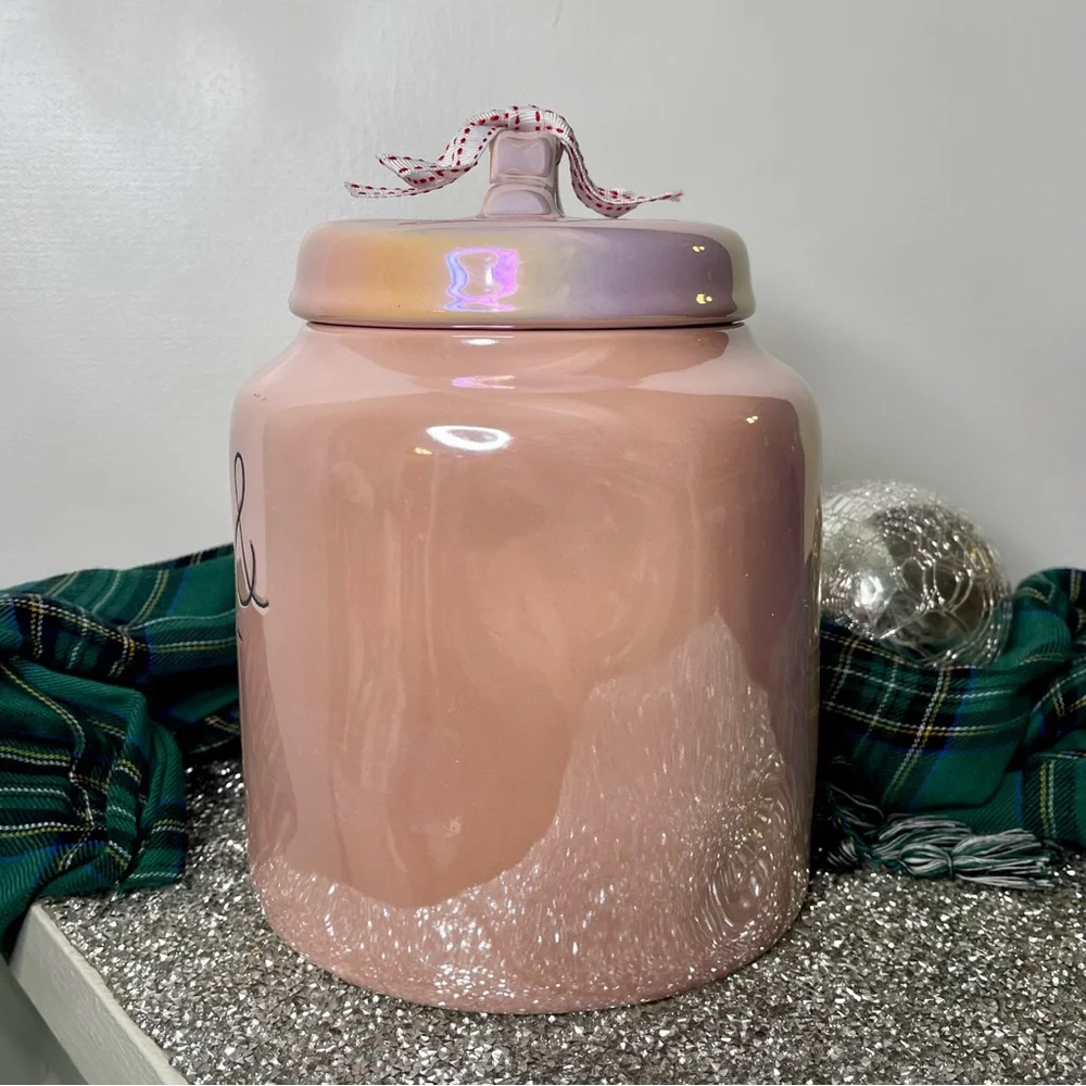 Rae Dunn Pink Iridescent Holiday Cookie Jar Merry & Bright Christmas Decor New